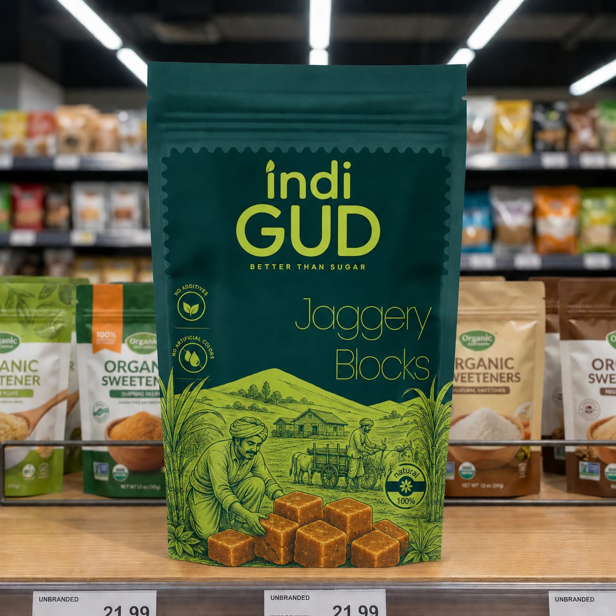 indiGUD Jaggery Blocks 1 kg pouch on a retail shelf