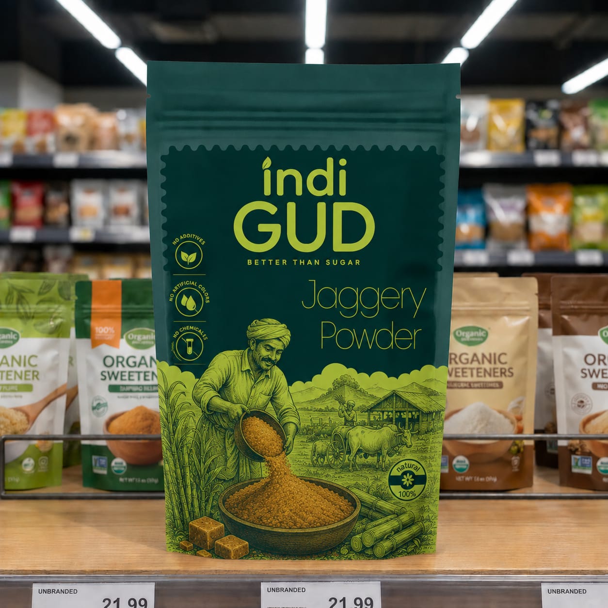 indiGUD Jaggery Powder 500 g pouch on a retail shelf